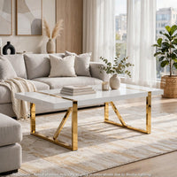 Soha Rectangular Dining Table with Gold Metal Legs, White Wood 71 Inch - BM355162