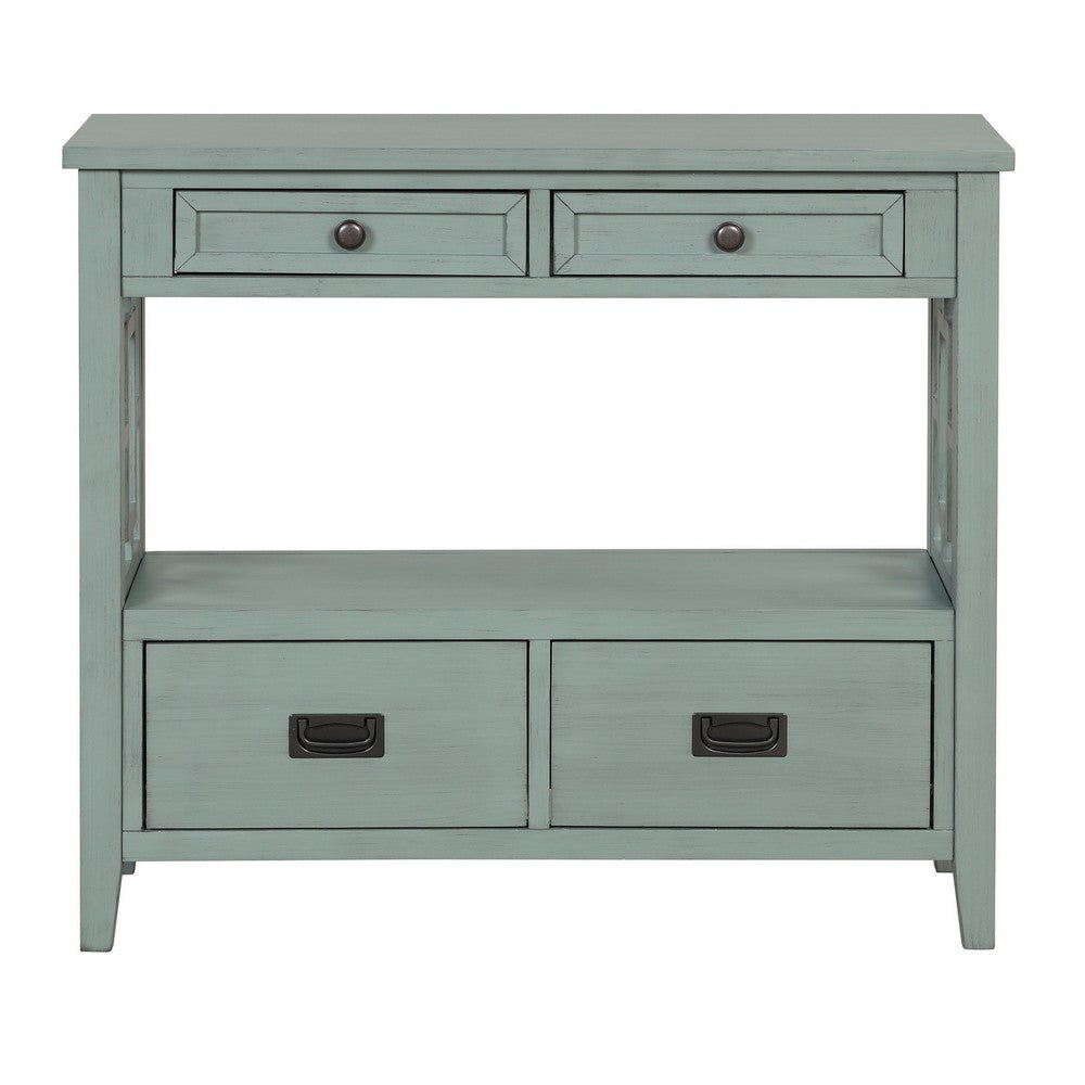 Freddy Sofa Console Table, 4 Drawers and Shelf, Blue Pine Wood 36 Inch - BM355163