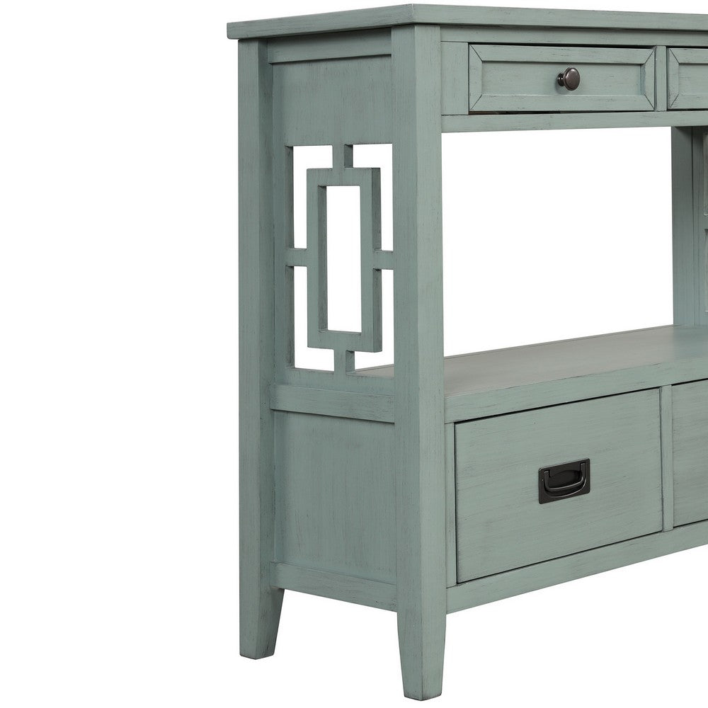 Freddy Sofa Console Table, 4 Drawers and Shelf, Blue Pine Wood 36 Inch - BM355163