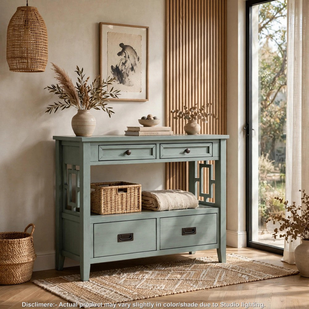 Freddy Sofa Console Table, 4 Drawers and Shelf, Blue Pine Wood 36 Inch - BM355163