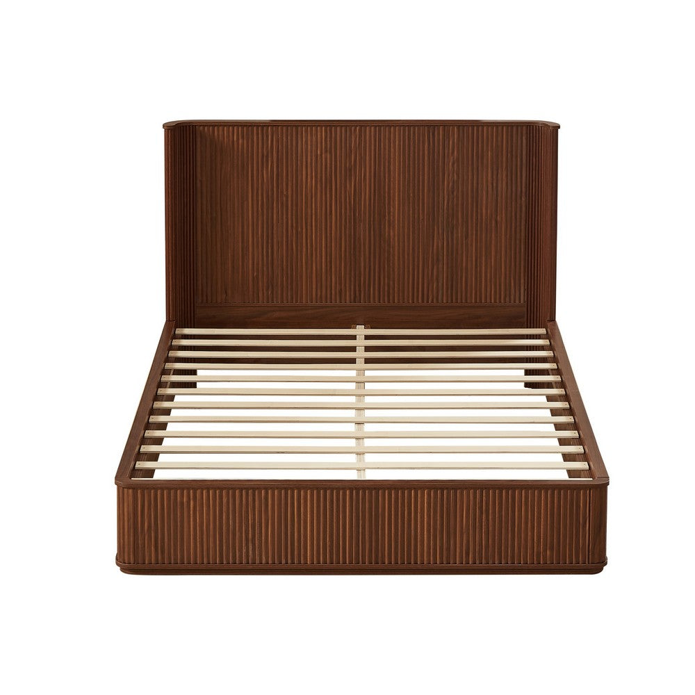 Adiba Fluted Queen Platform Bed with Curved Headboard, Walnut Wood - BM355165