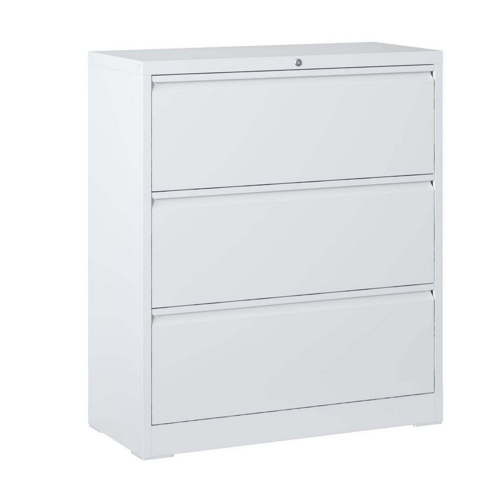 Joyce File Cabinet with 3 Drawers, Central Lock System, White Steel-BM355166