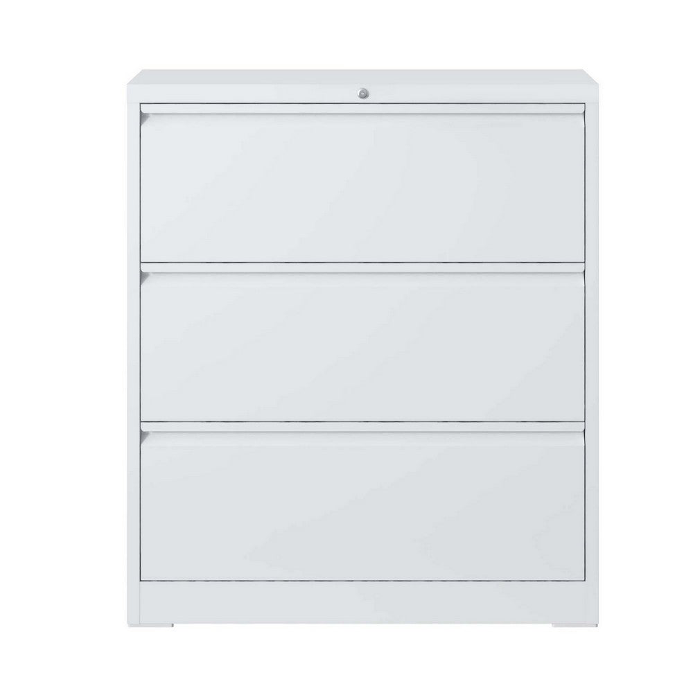 Joyce File Cabinet with 3 Drawers, Central Lock System, White Steel-BM355166
