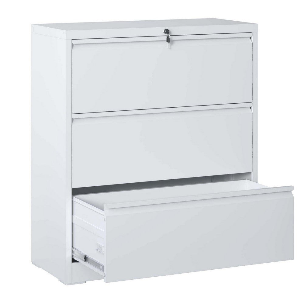 Joyce File Cabinet with 3 Drawers, Central Lock System, White Steel-BM355166