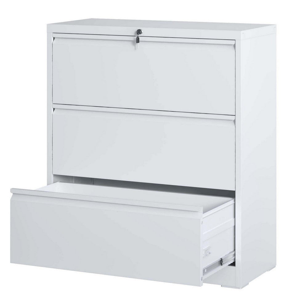 Joyce File Cabinet with 3 Drawers, Central Lock System, White Steel-BM355166