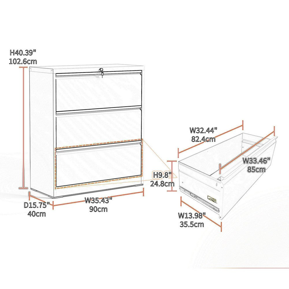 Joyce File Cabinet with 3 Drawers, Central Lock System, White Steel-BM355166