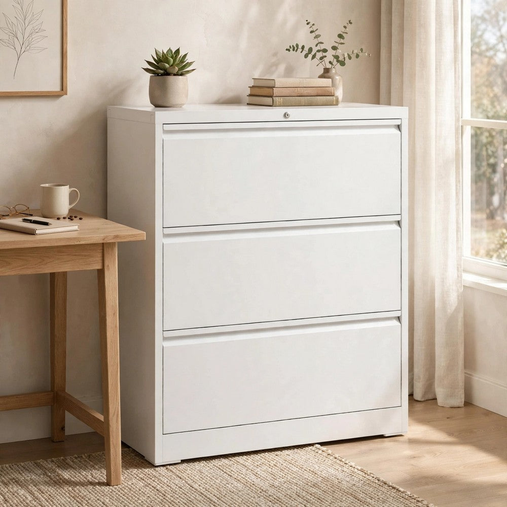 Joyce File Cabinet with 3 Drawers, Central Lock System, White Steel-BM355166