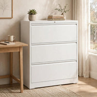 Joyce File Cabinet with 3 Drawers, Central Lock System, White Steel-BM355166