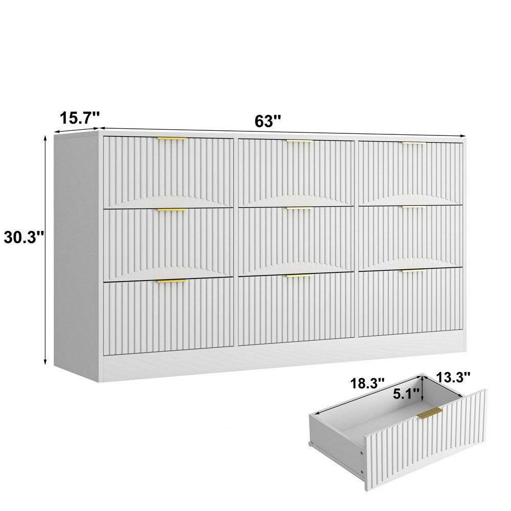 Gilly Wide Dresser, 9 Drawers, Wavy Front Panels, White Wood - BM355170