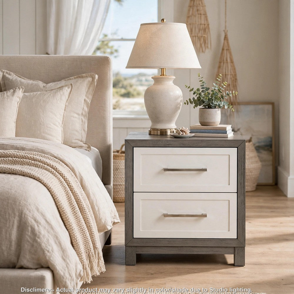 Jerry Nightstand with 2 Dovetail Storage Drawers, Ivory-Gray Wood-BM355181