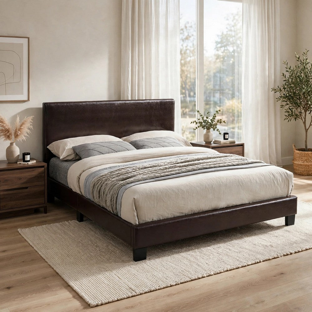 Bei Queen Bed, Adjustable Headboard, Faux Leather Upholstery Espresso Brown-BM355189