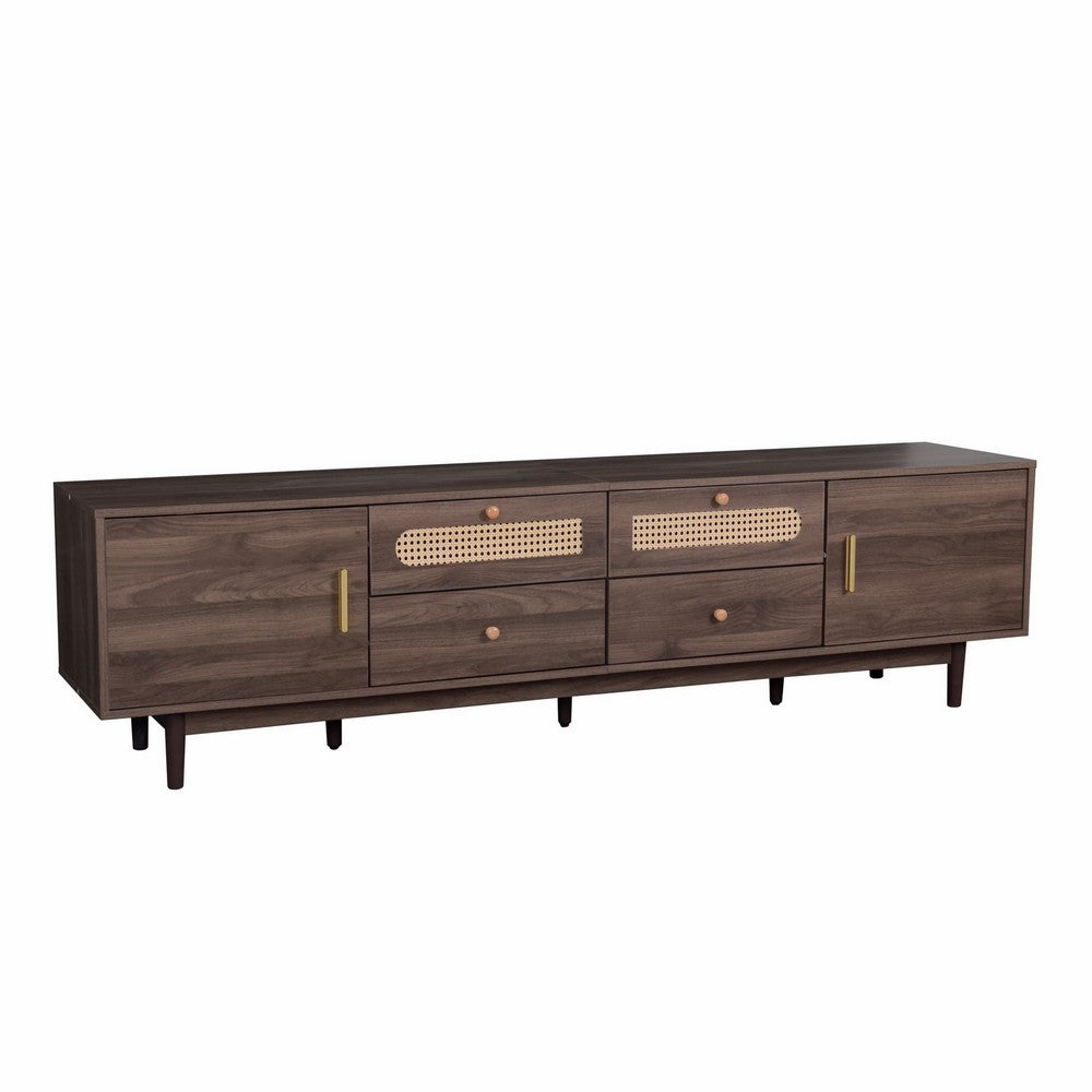TV Media Cabinet, 4 Doors, 2 Drawers, Rattan Accents, Dark Brown 77 Inch - BM355191