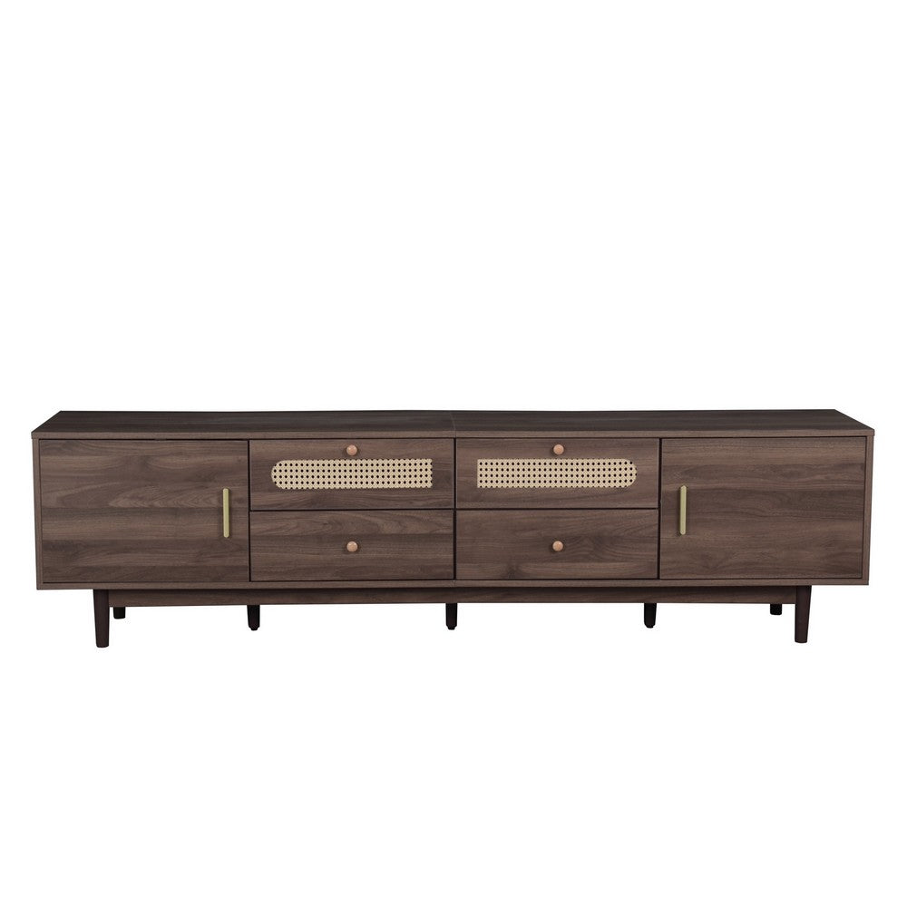 TV Media Cabinet, 4 Doors, 2 Drawers, Rattan Accents, Dark Brown 77 Inch - BM355191
