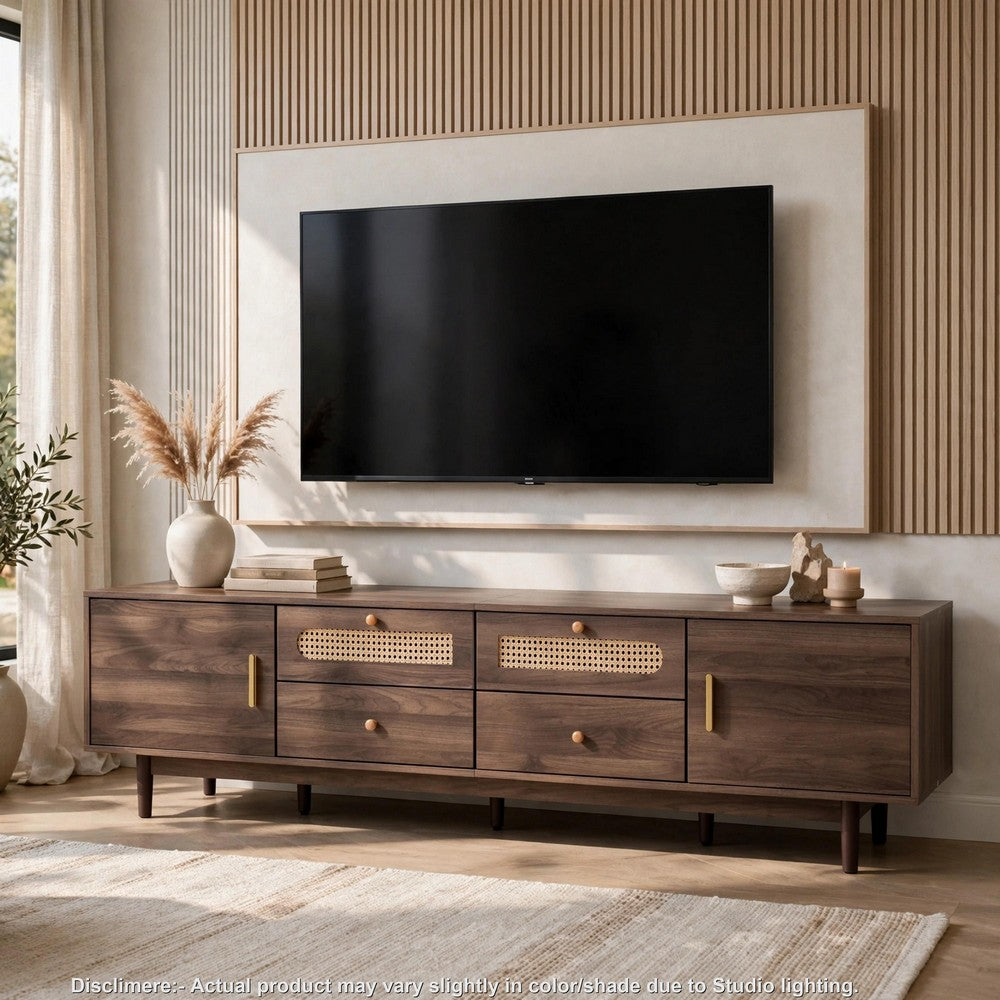 TV Media Cabinet, 4 Doors, 2 Drawers, Rattan Accents, Dark Brown 77 Inch - BM355191