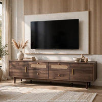 TV Media Cabinet, 4 Doors, 2 Drawers, Rattan Accents, Dark Brown 77 Inch - BM355191