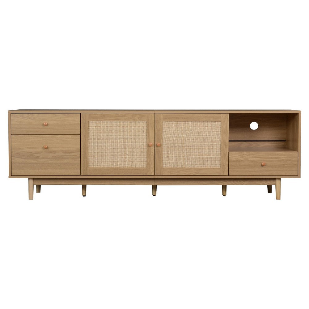 TV Media Cabinet, 2 Rattan Doors, 3 Drawers, 1 Shelf, Natural Brown 77 Inch - BM355192