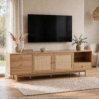 TV Media Cabinet, 2 Rattan Doors, 3 Drawers, 1 Shelf, Natural Brown 77 Inch - BM355192