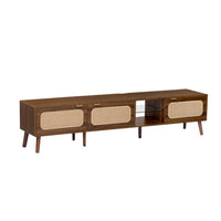 TV Media Cabinet, 3 Rattan Doors, Glass Shelf, Walnut Brown 79 Inch-BM355193