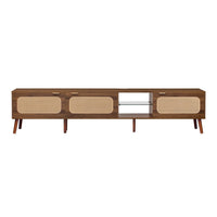 TV Media Cabinet, 3 Rattan Doors, Glass Shelf, Walnut Brown 79 Inch-BM355193