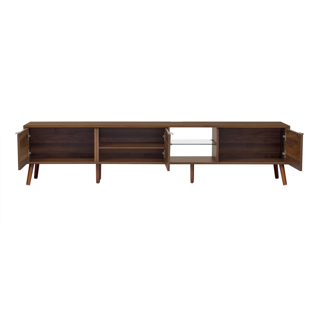 TV Media Cabinet, 3 Rattan Doors, Glass Shelf, Walnut Brown 79 Inch-BM355193