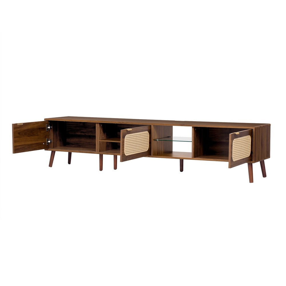TV Media Cabinet, 3 Rattan Doors, Glass Shelf, Walnut Brown 79 Inch-BM355193