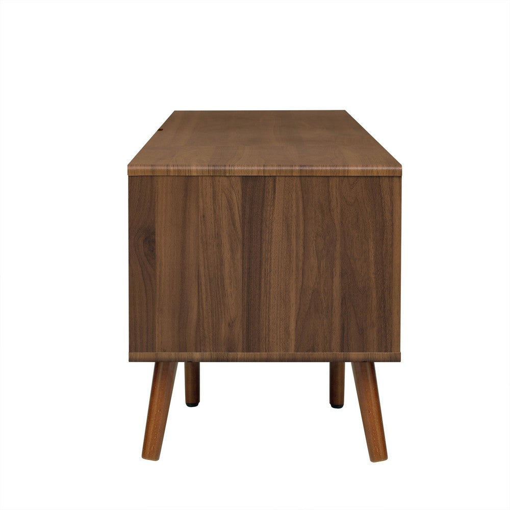 TV Media Cabinet, 3 Rattan Doors, Glass Shelf, Walnut Brown 79 Inch-BM355193