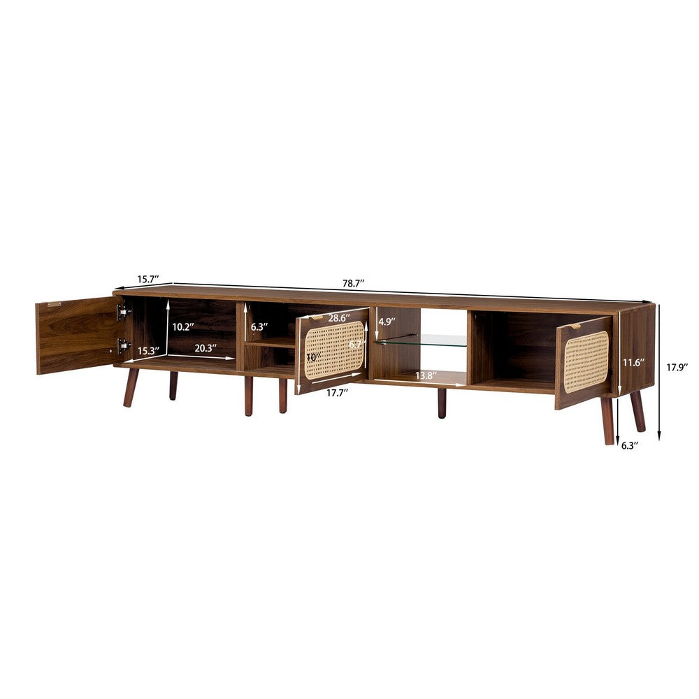 TV Media Cabinet, 3 Rattan Doors, Glass Shelf, Walnut Brown 79 Inch-BM355193