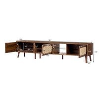 TV Media Cabinet, 3 Rattan Doors, Glass Shelf, Walnut Brown 79 Inch-BM355193