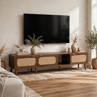 TV Media Cabinet, 3 Rattan Doors, Glass Shelf, Walnut Brown 79 Inch-BM355193