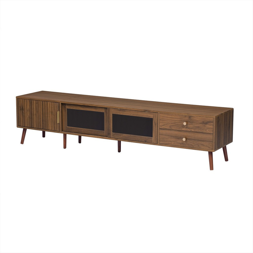 TV Media Cabinet, Glass Sliding Doors, 2 Drawers, Natural Brown, 77 Inch - BM355194