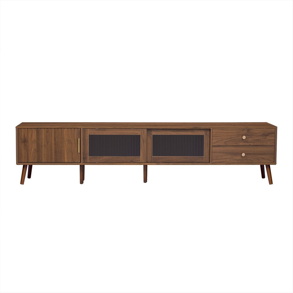 TV Media Cabinet, Glass Sliding Doors, 2 Drawers, Natural Brown, 77 Inch - BM355194