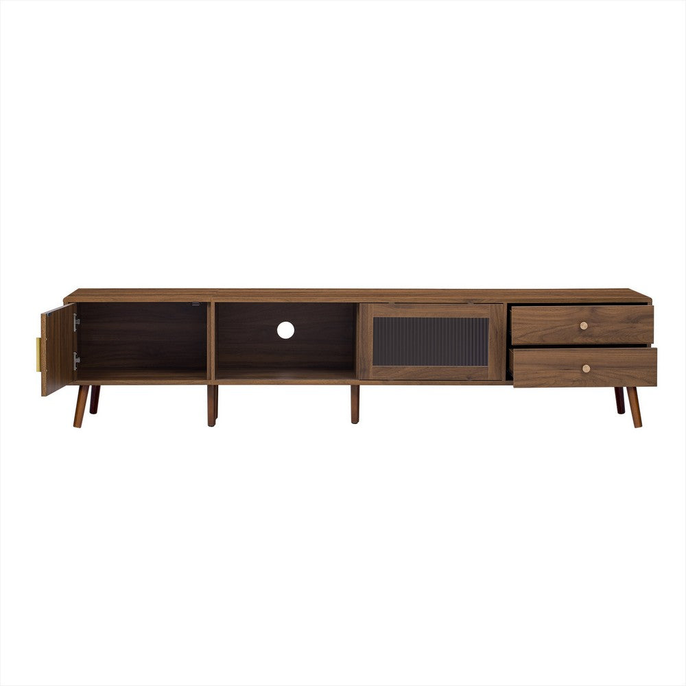 TV Media Cabinet, Glass Sliding Doors, 2 Drawers, Natural Brown, 77 Inch - BM355194