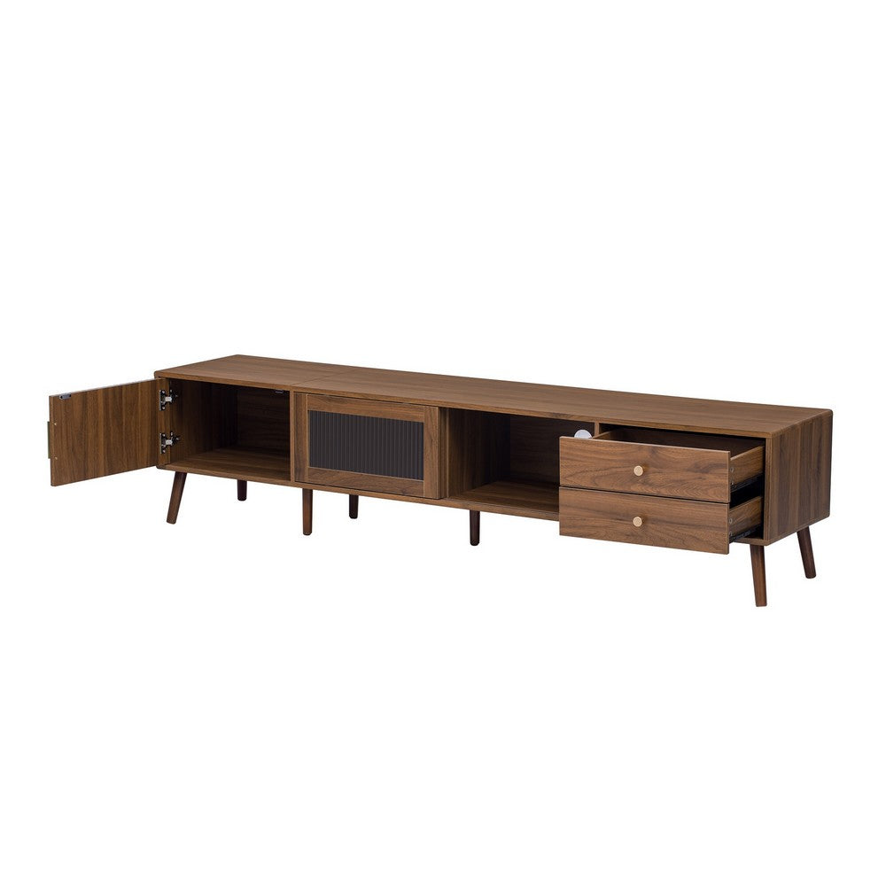 TV Media Cabinet, Glass Sliding Doors, 2 Drawers, Natural Brown, 77 Inch - BM355194