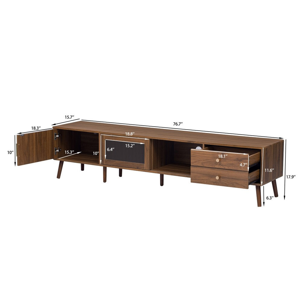 TV Media Cabinet, Glass Sliding Doors, 2 Drawers, Natural Brown, 77 Inch - BM355194