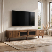 TV Media Cabinet, Glass Sliding Doors, 2 Drawers, Natural Brown, 77 Inch - BM355194