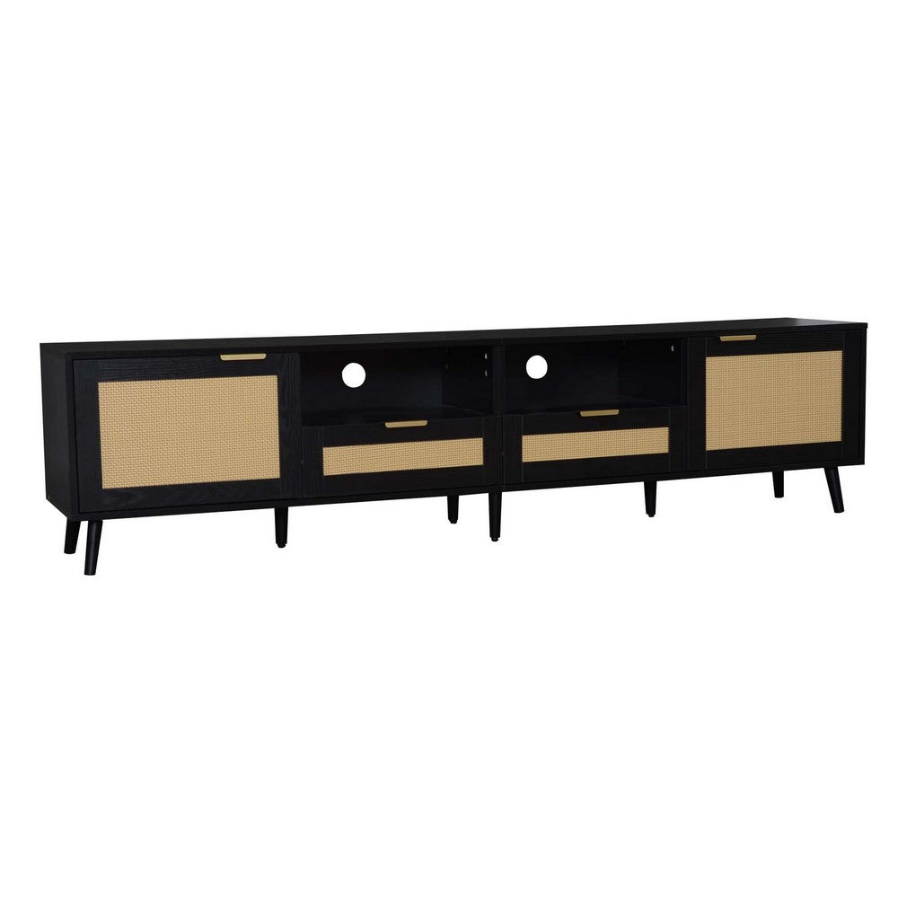 Yumi TV Media Cabinet, 2 Rattan Doors w Drawers, 2 Shelves, Black 79 Inch - BM355195