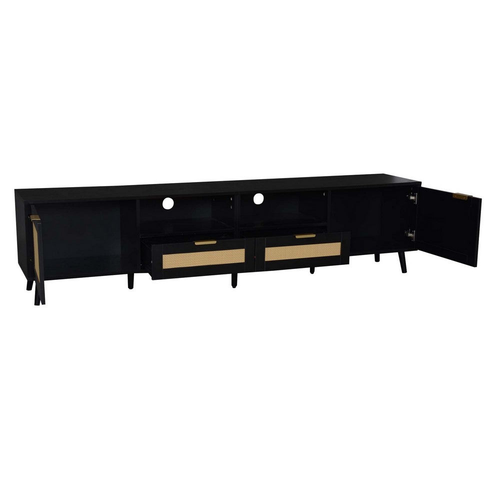 Yumi TV Media Cabinet, 2 Rattan Doors w Drawers, 2 Shelves, Black 79 Inch - BM355195