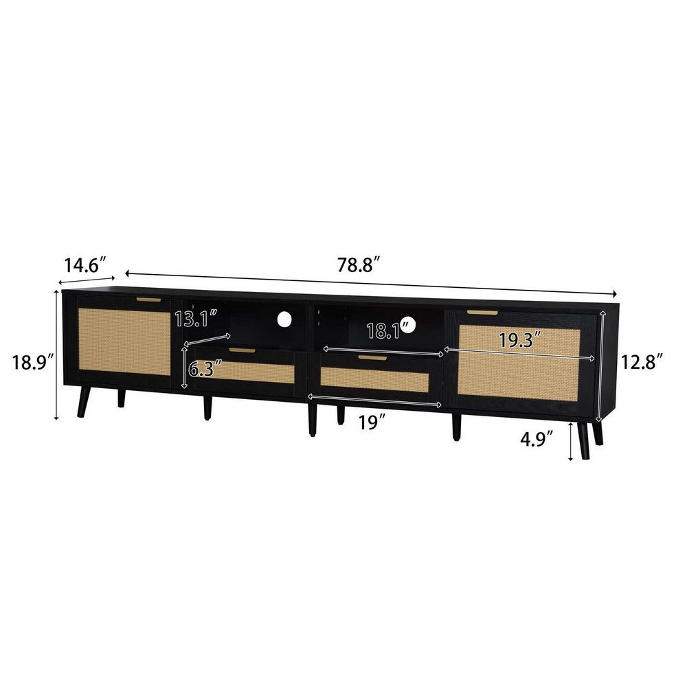Yumi TV Media Cabinet, 2 Rattan Doors w Drawers, 2 Shelves, Black 79 Inch - BM355195