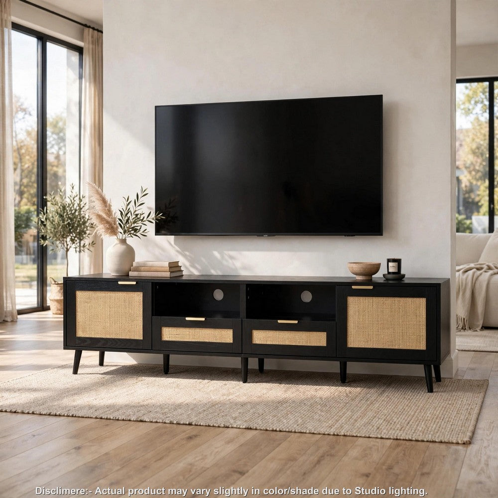 Yumi TV Media Cabinet, 2 Rattan Doors w Drawers, 2 Shelves, Black 79 Inch - BM355195