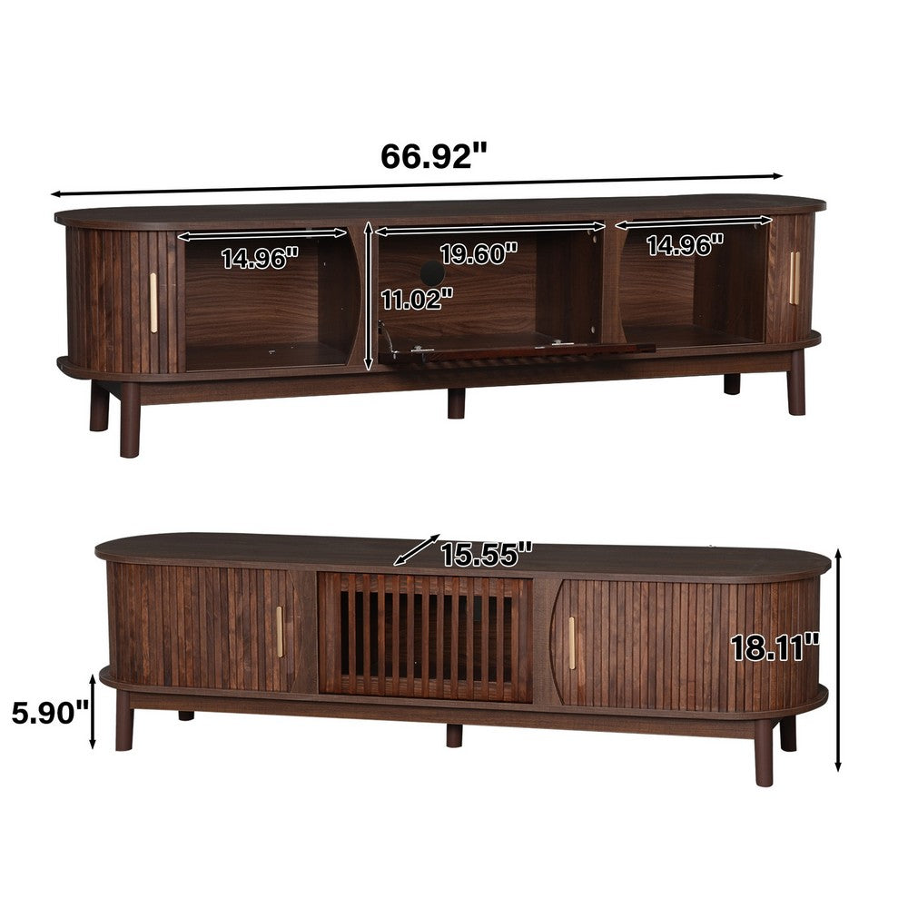 TV Media Cabinet, Fluted Sliding Doors, Drop Down Door, Dark Brown 67 Inch - BM355196