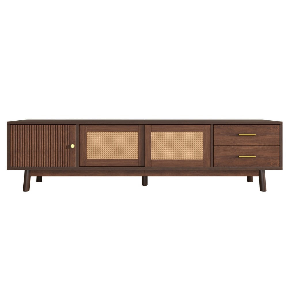 TV Media Cabinet, Rattan Sliding Doors, 2 Drawers, Dark Brown 71 Inch - BM355197