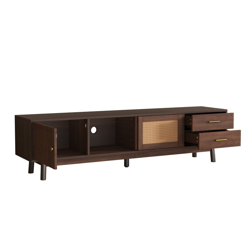 TV Media Cabinet, Rattan Sliding Doors, 2 Drawers, Dark Brown 71 Inch - BM355197
