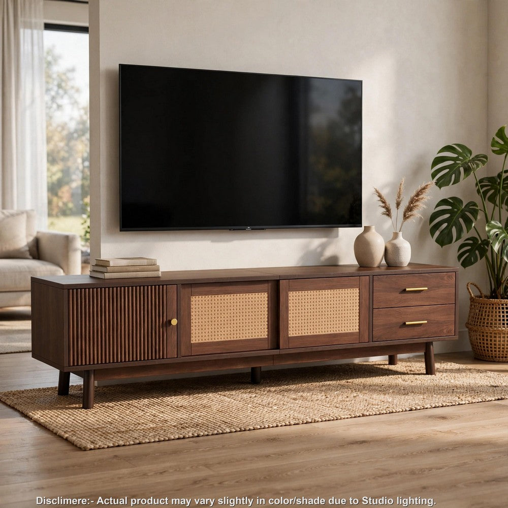 TV Media Cabinet, Rattan Sliding Doors, 2 Drawers, Dark Brown 71 Inch - BM355197