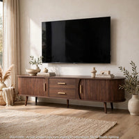 TV Media Cabinet, Fluted Sliding Doors, 2 Drawers, Dark Brown 71 Inch - BM355198