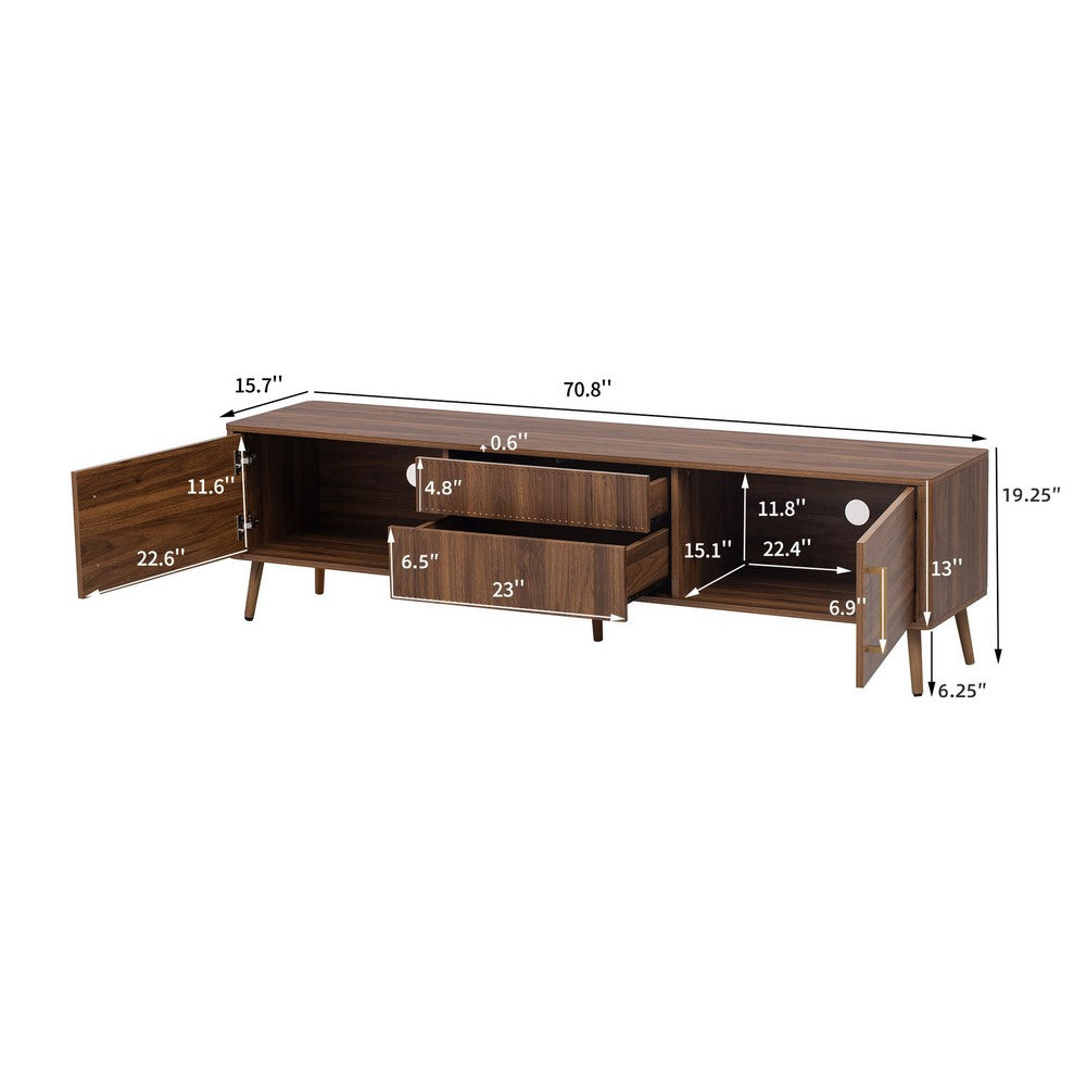 TV Media Cabinet, 2 Doors, Vertical Ribbed Drawers, Walnut Brown 71 Inch - BM355199
