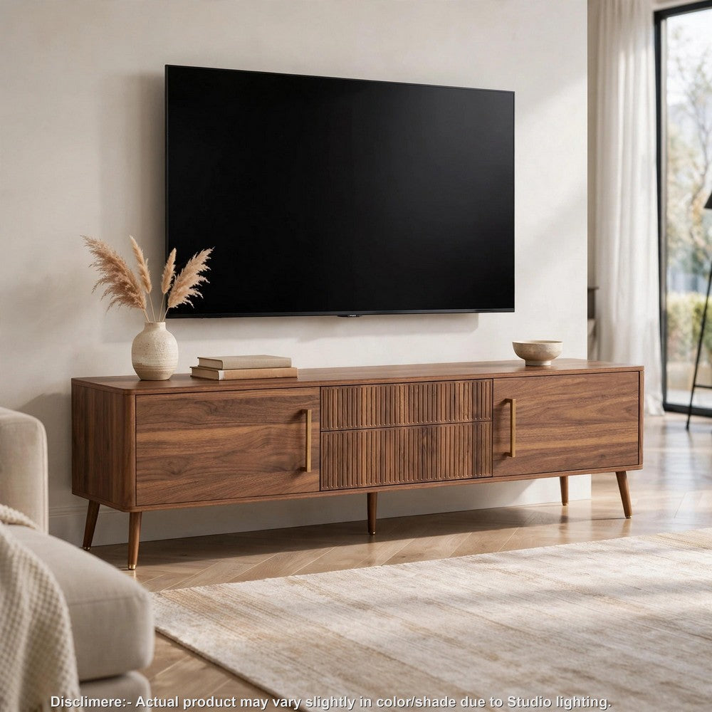 TV Media Cabinet, 2 Doors, Vertical Ribbed Drawers, Walnut Brown 71 Inch - BM355199