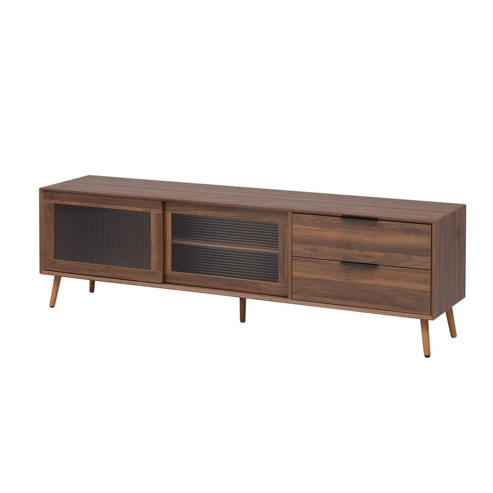 TV Media Cabinet, Fluted Glass Doors, 2 Drawers, Walnut Brown 71 Inch - BM355200