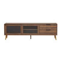 TV Media Cabinet, Fluted Glass Doors, 2 Drawers, Walnut Brown 71 Inch - BM355200