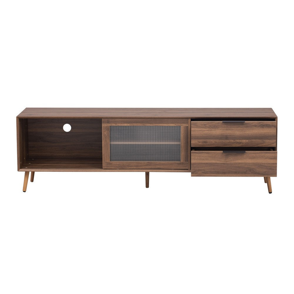 TV Media Cabinet, Fluted Glass Doors, 2 Drawers, Walnut Brown 71 Inch - BM355200