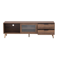 TV Media Cabinet, Fluted Glass Doors, 2 Drawers, Walnut Brown 71 Inch - BM355200